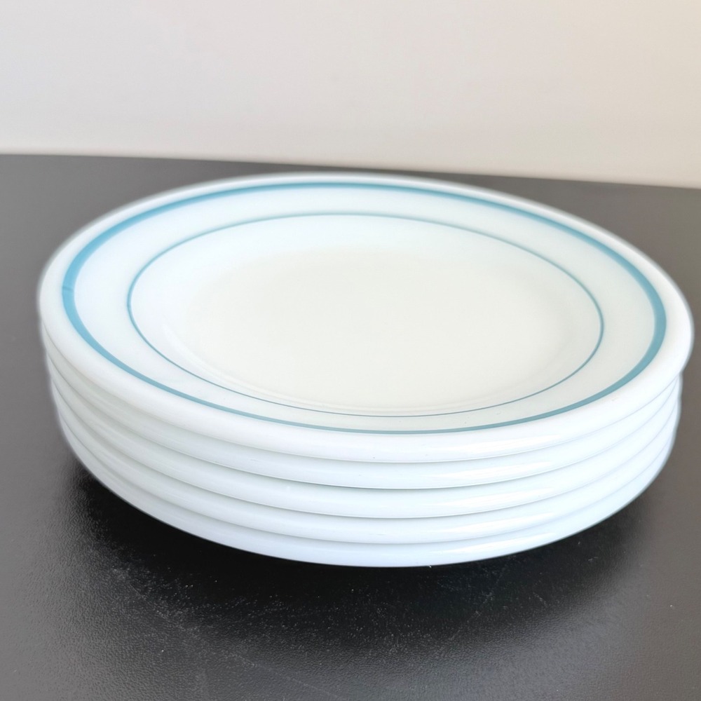 Pyrex Bread Butter Plates Set of 5 White Turquoise Blue Band 6.75in MCM 7-I-9